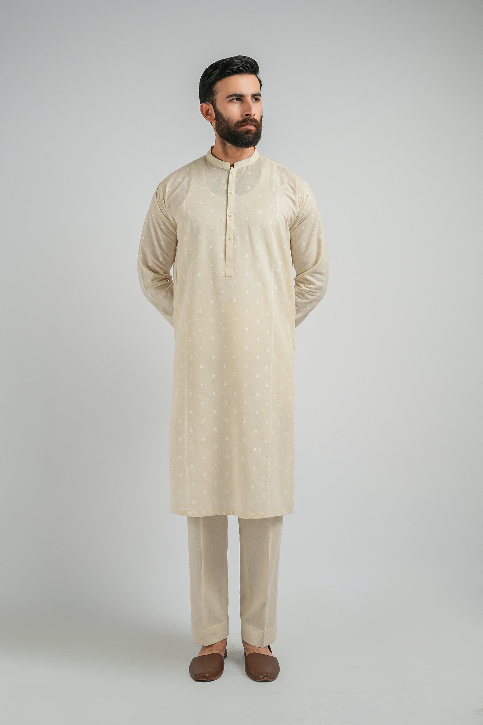 EMBROIDERED-KURTA-TROUSER-L-BEIGE KURTA TROUSER