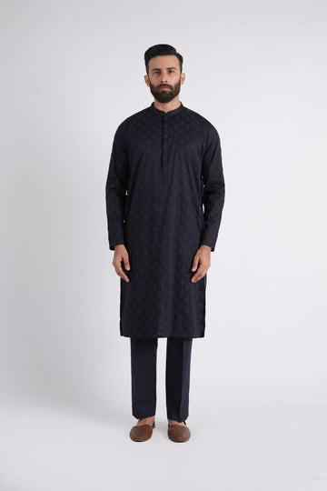 Embroidered Kurta Trouser-Navy-Blu