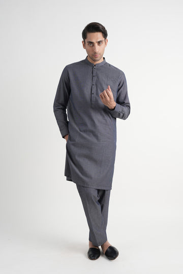 Dobby Cotton Long Kurta Trouser Blue