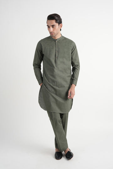 Jacquard Cotton Kurta Trouser Green