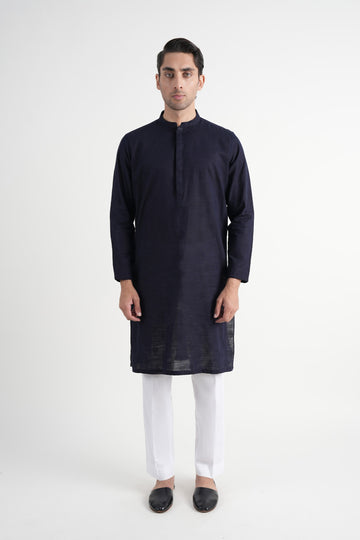 Slub Khaddar Embroidered Kurta Navy Blue