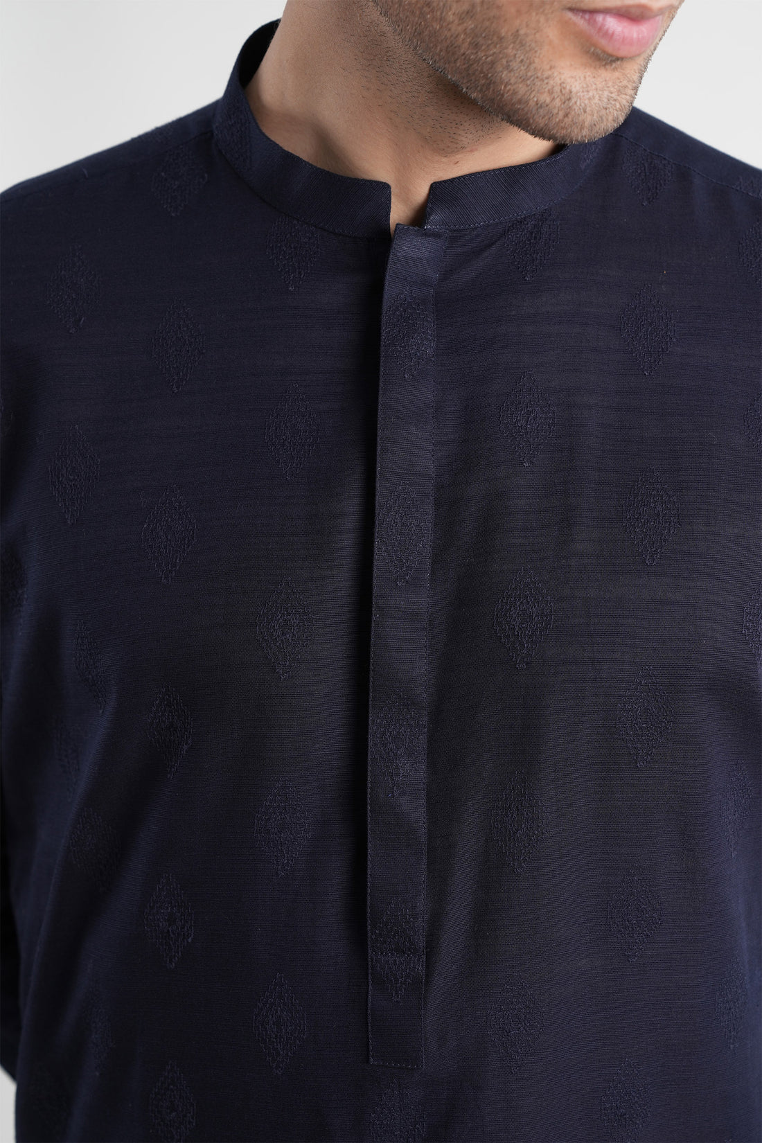 Slub Khaddar Embroidered Kurta Navy Blue