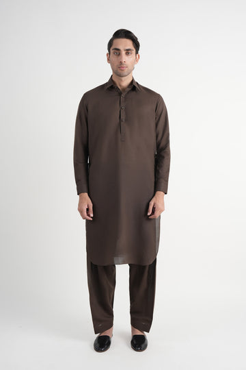 Lawn Karandi Shalwar Kameez Dark Brown