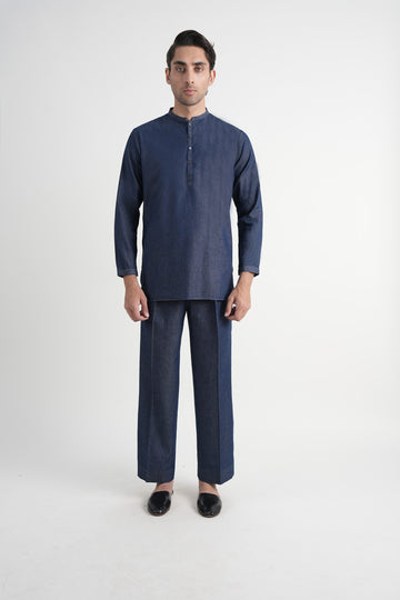 Denim Short Kurta Trouser Navy Blue