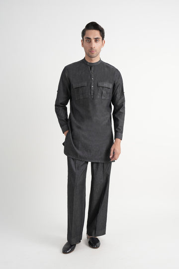Denim Short Kurta Trouser Dark Grey
