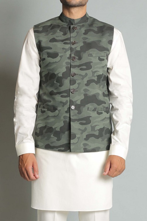 Jacquard Cotton Waistcoat - Army Green